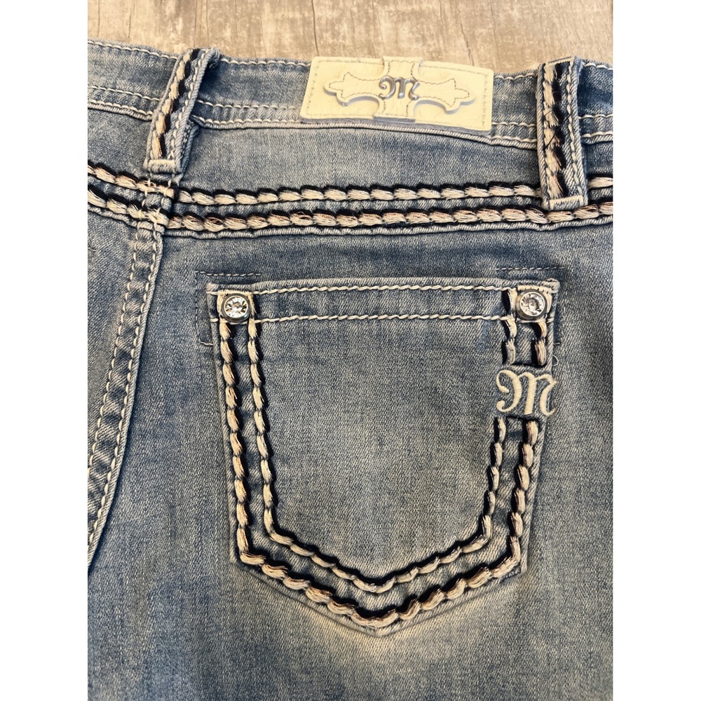 Miss Me Womens Mid-Rise Denim Shorts Medium Wash Thick Stitch Rhinestone 27